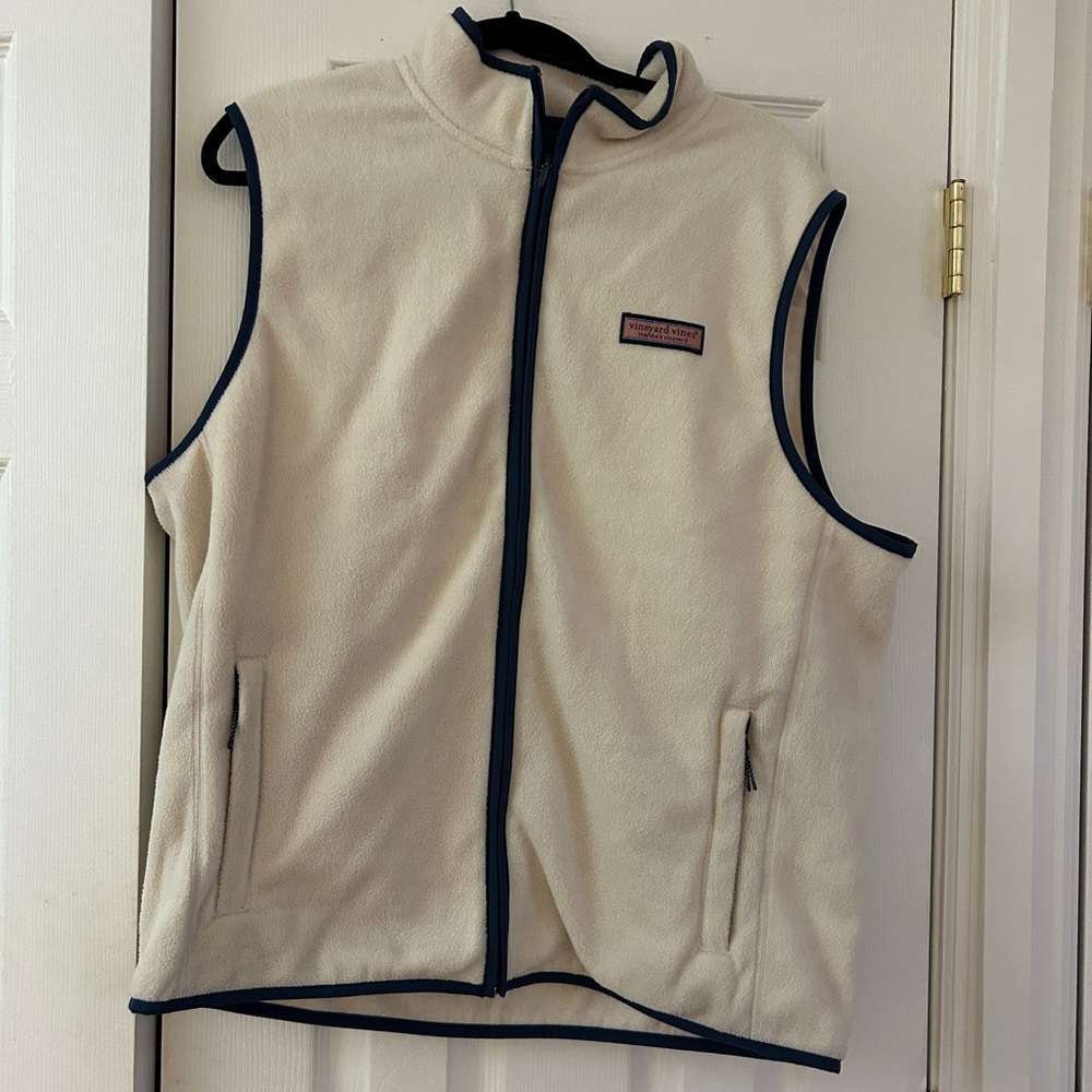 Vineyard Vines Men's Harbor Fleece Vest cream/ivory nautical navy trim L